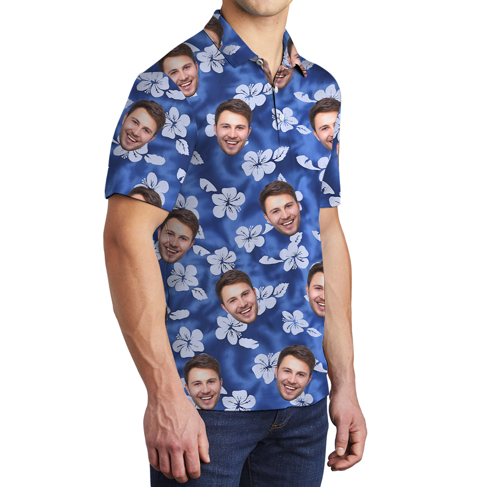 Classic Hibiscus Blue Polo Shirt With Custom Face