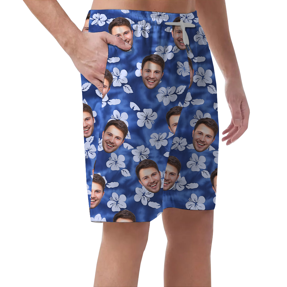 Custom Face Hibiscus Blue Hawaiian Beach Shorts