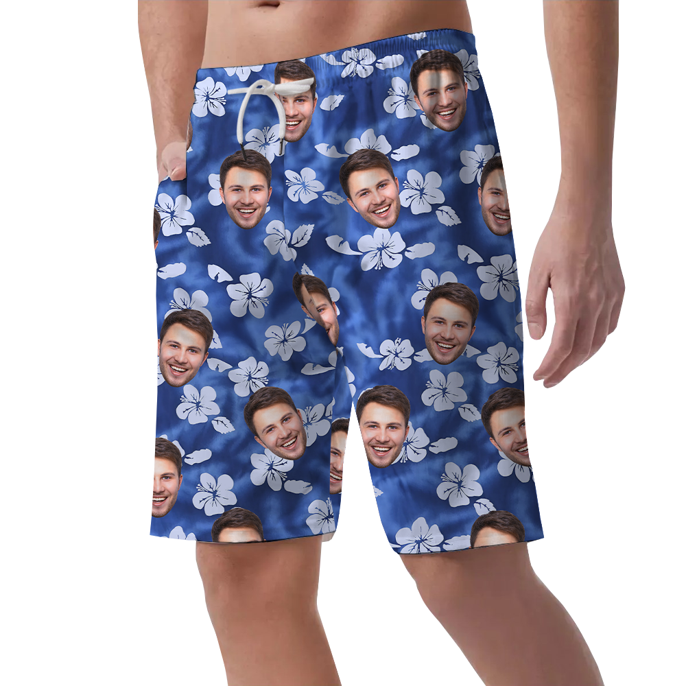 Custom Face Hibiscus Blue Hawaiian Beach Shorts