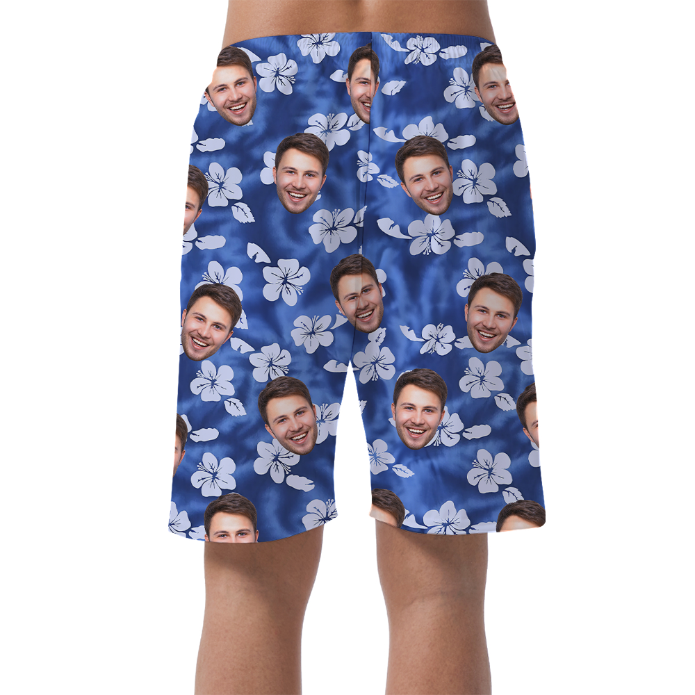 Custom Face Hibiscus Blue Hawaiian Beach Shorts