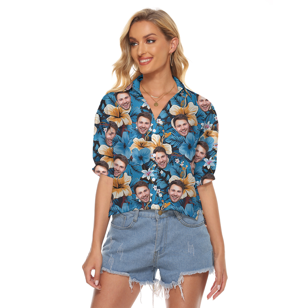 Custom Multiple Faces Floral Blue Hawaiian V-Neck Shirt - variant image 1