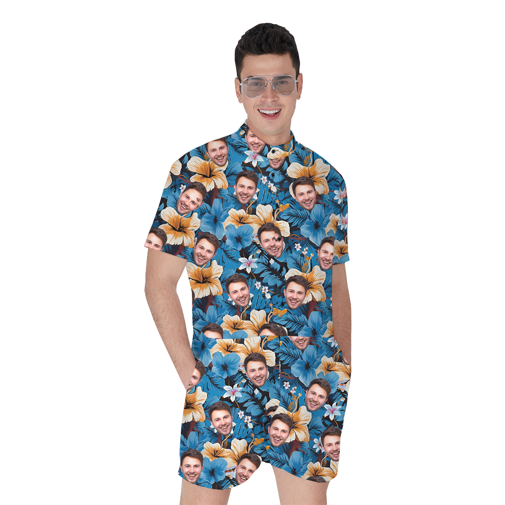 Custom Face Classic Hibiscus Blue Hawaiian Romper - variant image 1