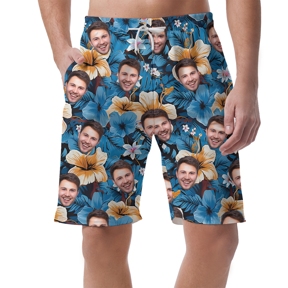 Funny Custom Face Hibiscus Blue Beach Shorts For Men - variant image 1