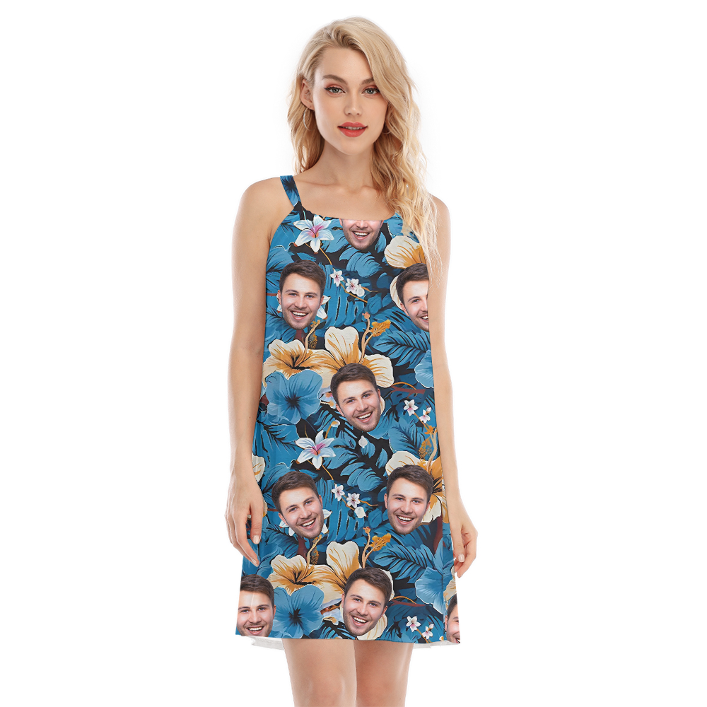 Classic Hibiscus Blue Hawaiian Dress With Custom Face - variant image 1