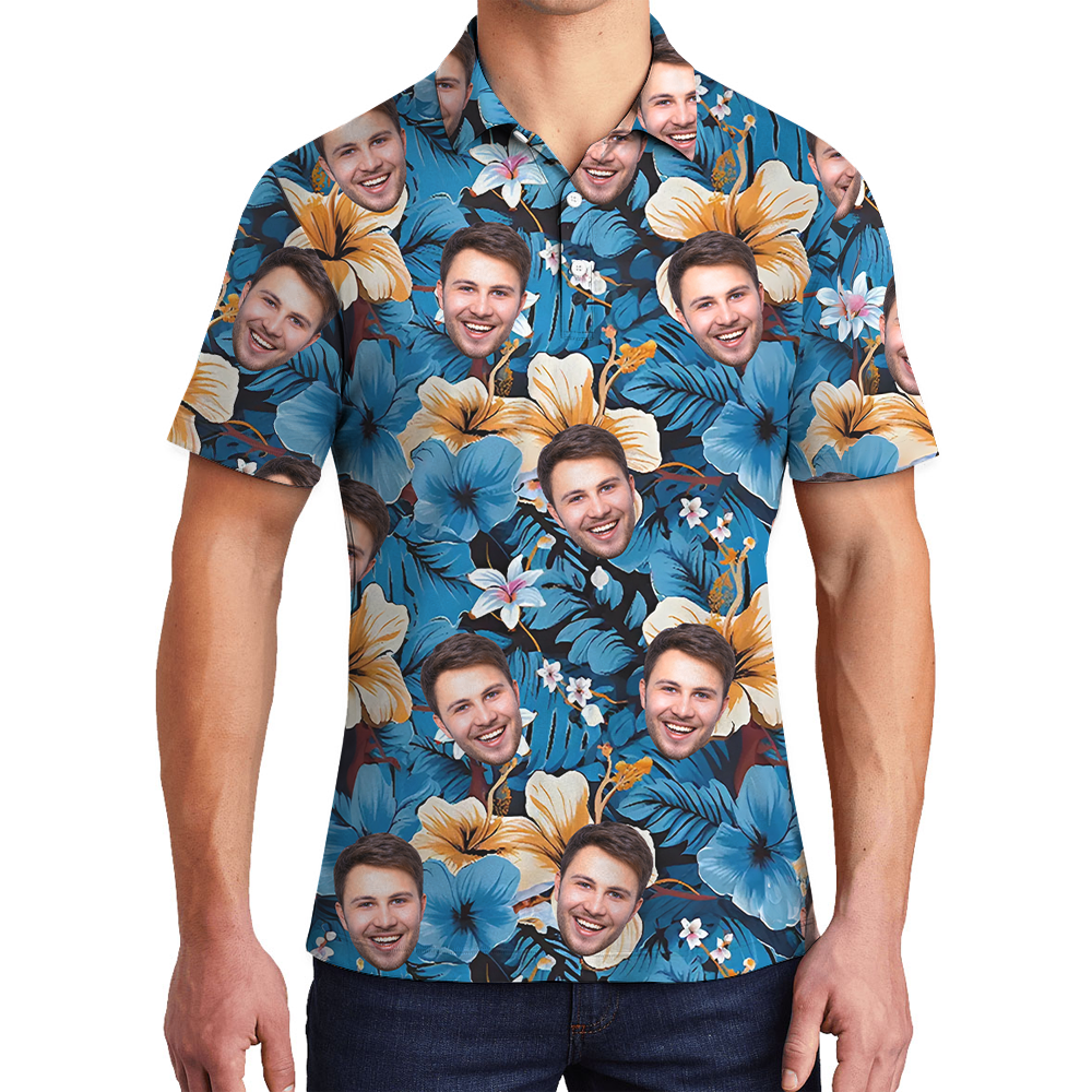 Custom Multiple Faces Blue Floral Polo Golf Shirt - variant image 1