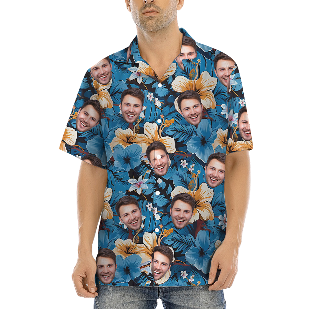 Blue Hibiscus Hawaiian Shirt With Custom 1-5 Faces - variant image 1