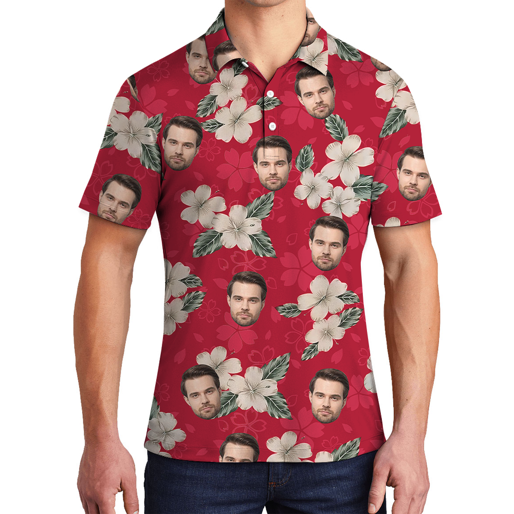 Personalized Floral Red Polo Shirt With 1-5 Faces - variant image 1