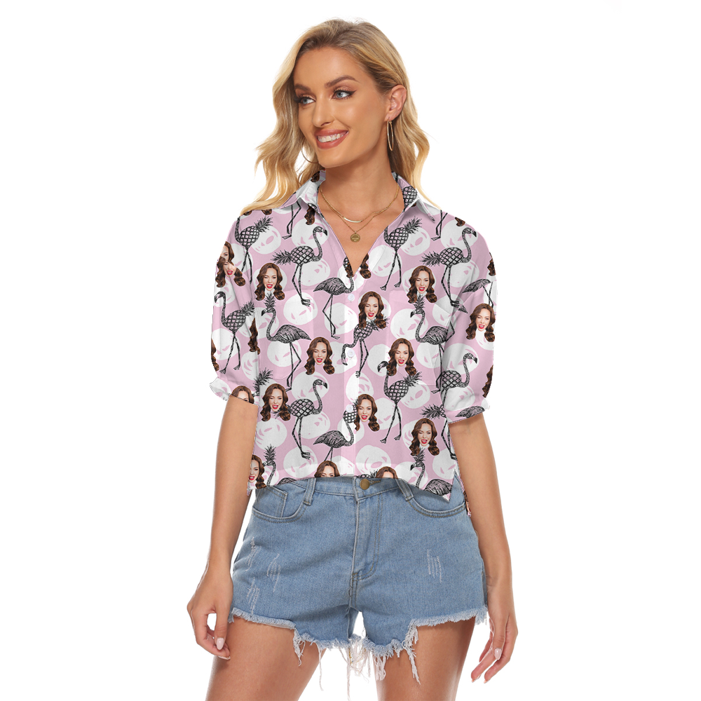 Pink Pineapple Flamingo Women's Cropped Shirt With Custom Face - variant image 1