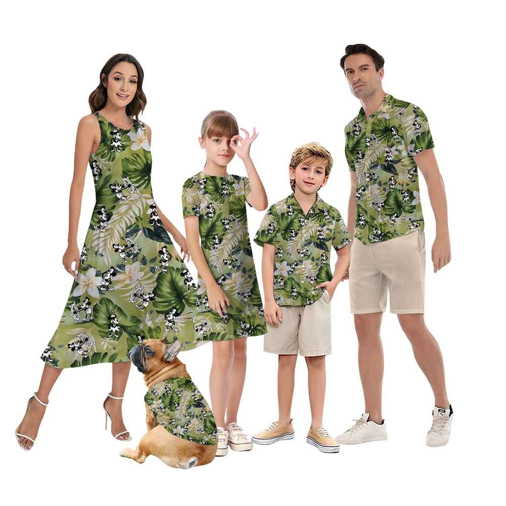 Green Floral Mickey Steamboat Willie Matching Hawaiian Outfits For Family - variant image 1
