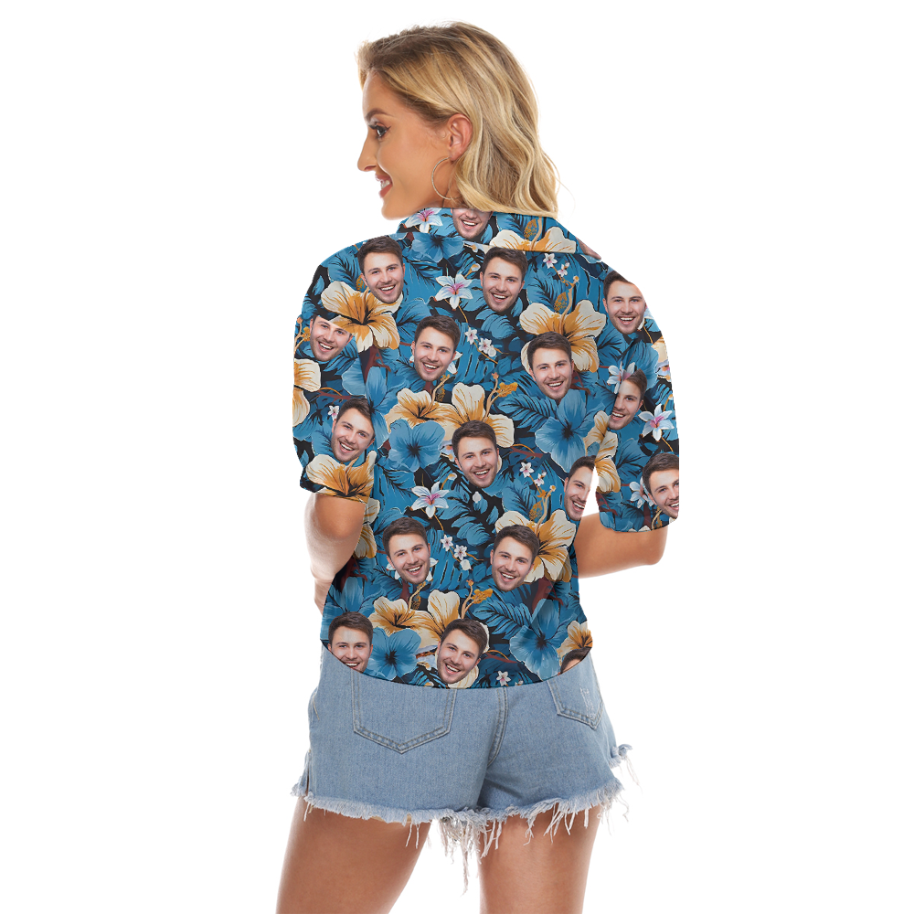 Custom Multiple Faces Floral Blue Hawaiian V-Neck Shirt
