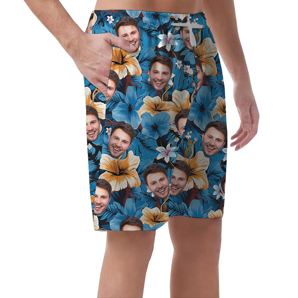 Funny Custom Face Hibiscus Blue Beach Shorts For Men