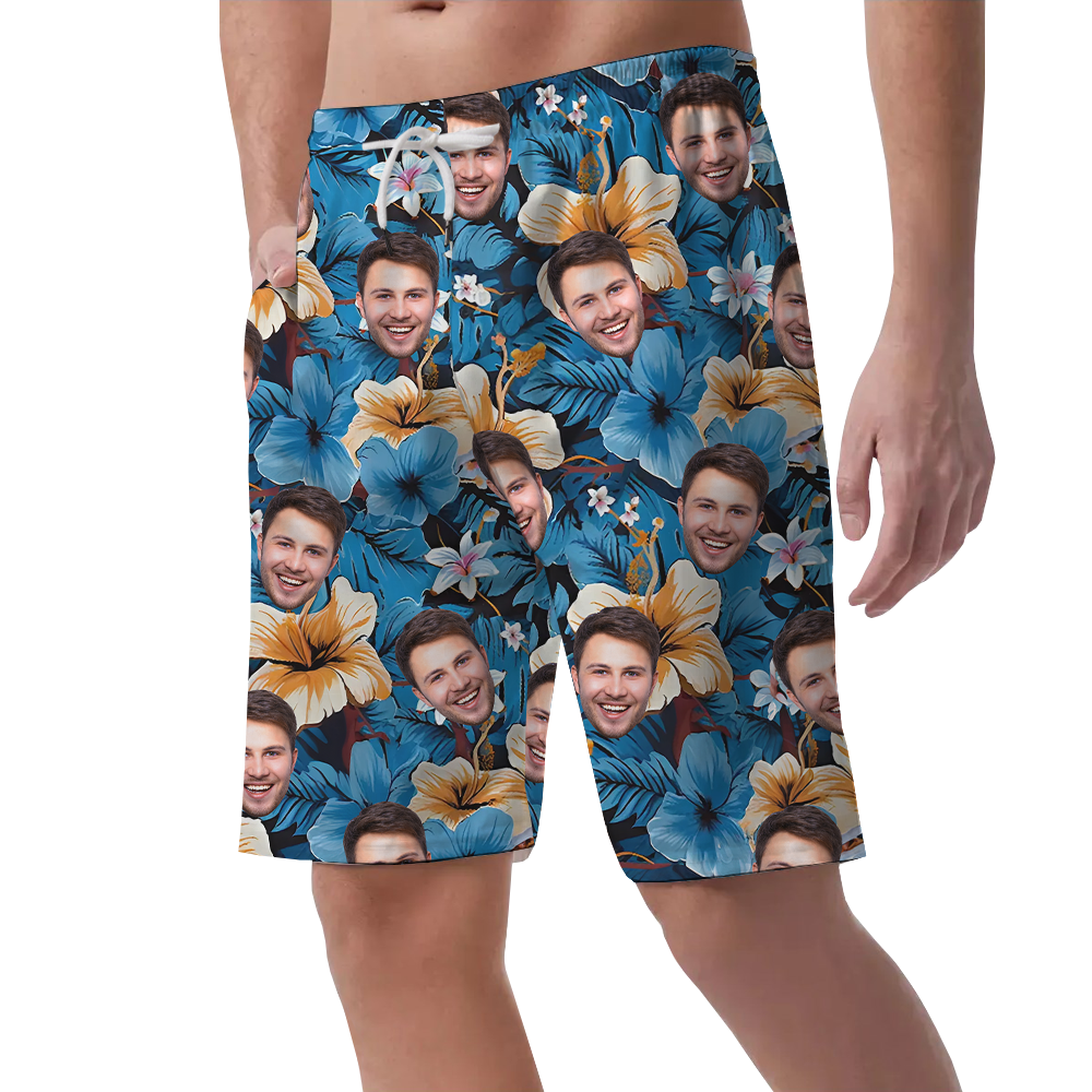 Funny Custom Face Hibiscus Blue Beach Shorts For Men