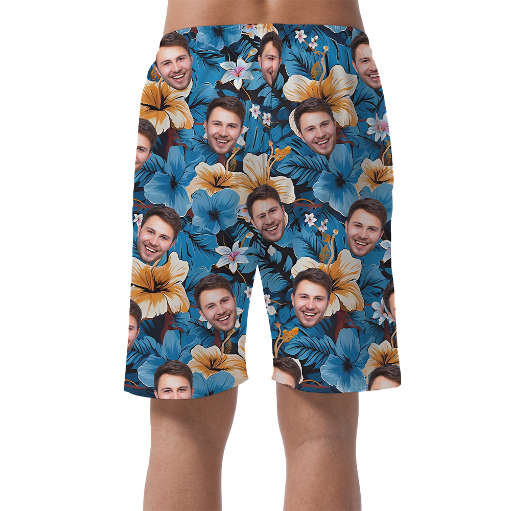 Funny Custom Face Hibiscus Blue Beach Shorts For Men