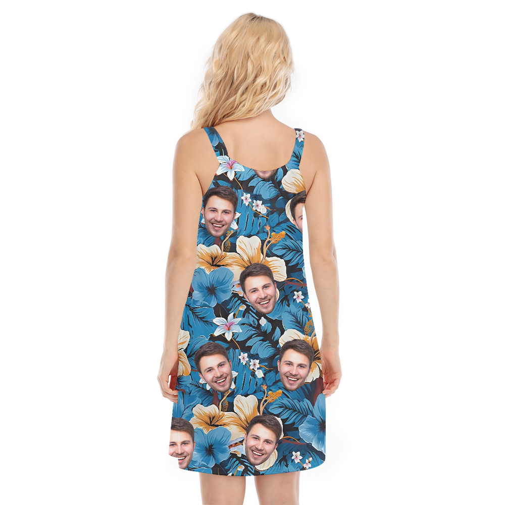 Classic Hibiscus Blue Hawaiian Dress With Custom Face