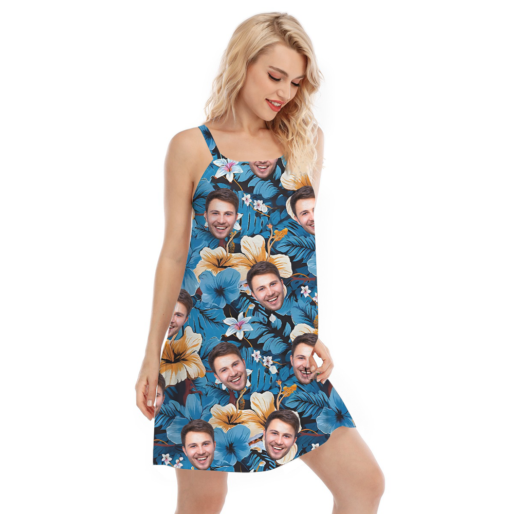Classic Hibiscus Blue Hawaiian Dress With Custom Face