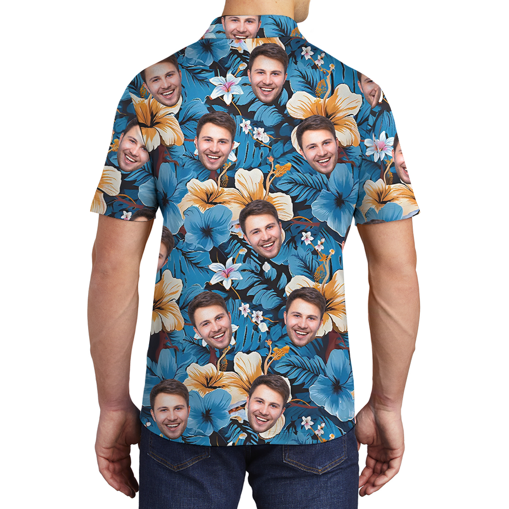 Custom Multiple Faces Blue Floral Polo Golf Shirt