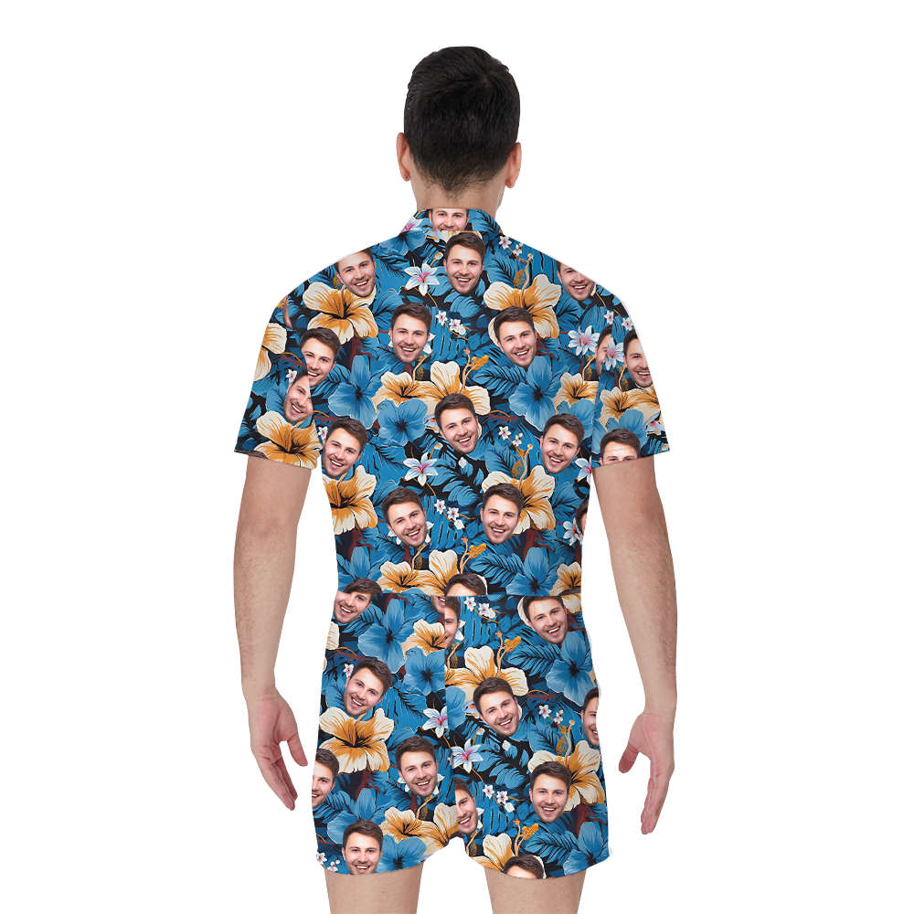 Custom Face Classic Hibiscus Blue Hawaiian Romper