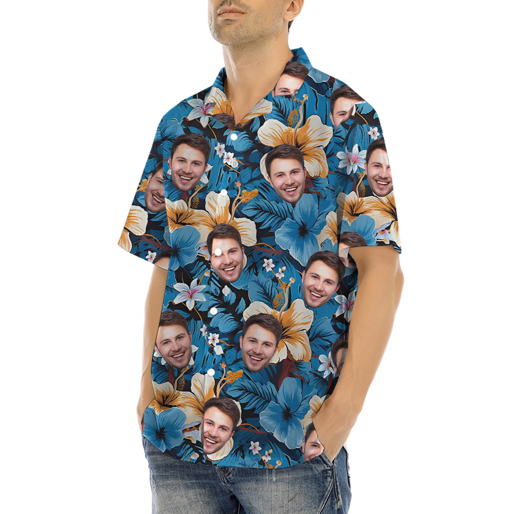 Blue Hibiscus Hawaiian Shirt With Custom 1-5 Faces