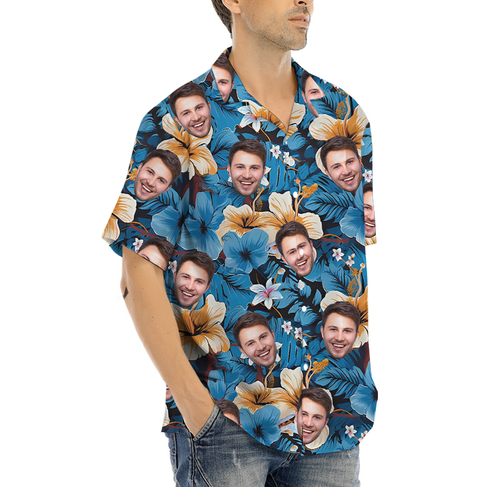 Blue Hibiscus Hawaiian Shirt With Custom 1-5 Faces