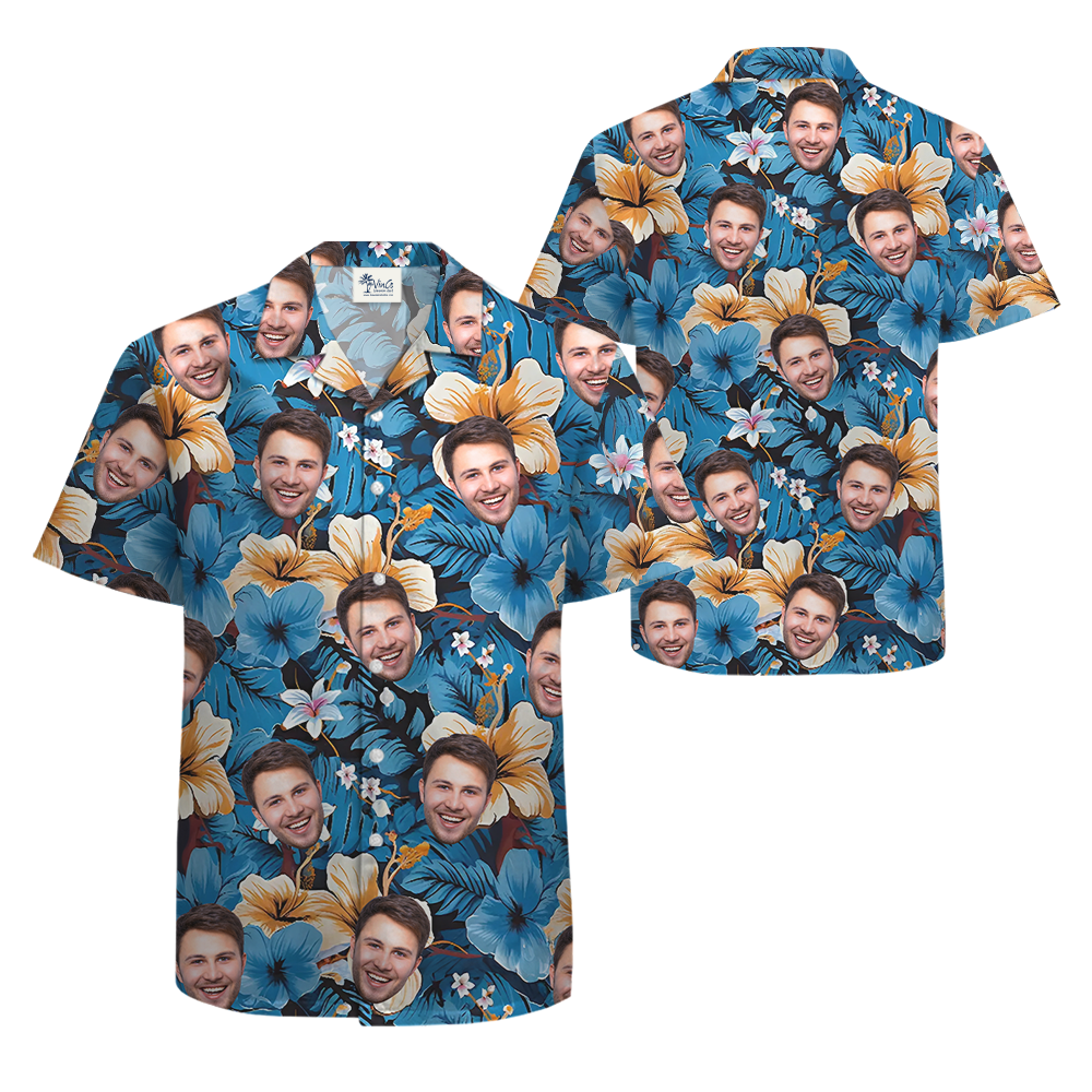 Blue Hibiscus Hawaiian Shirt With Custom 1-5 Faces