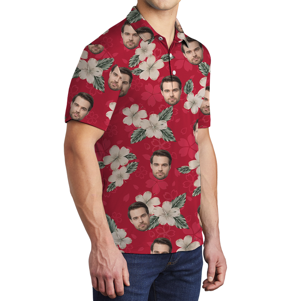 Personalized Floral Red Polo Shirt With 1-5 Faces