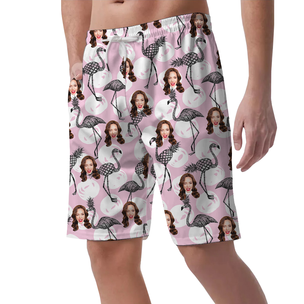 Custom Flamingo Pink Beach Shorts With Faces
