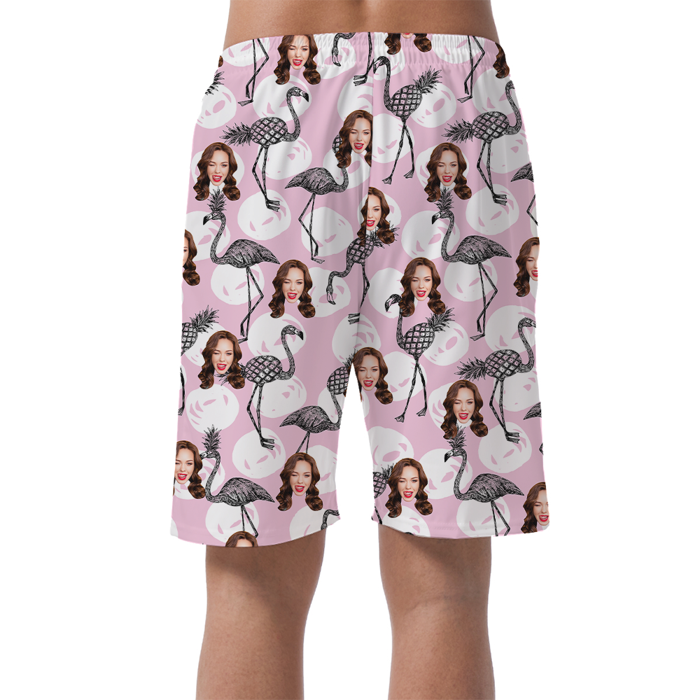 Custom Flamingo Pink Beach Shorts With Faces