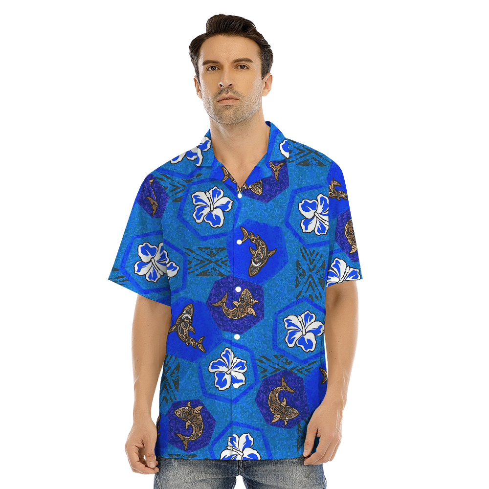 Vintage Shark Navy Matching Hawaiian Outfits For Family
