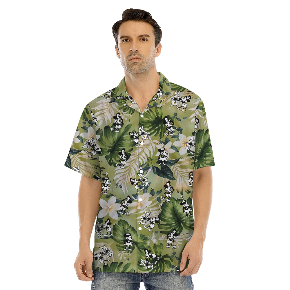 Green Floral Mickey Steamboat Willie Matching Hawaiian Outfits For Family