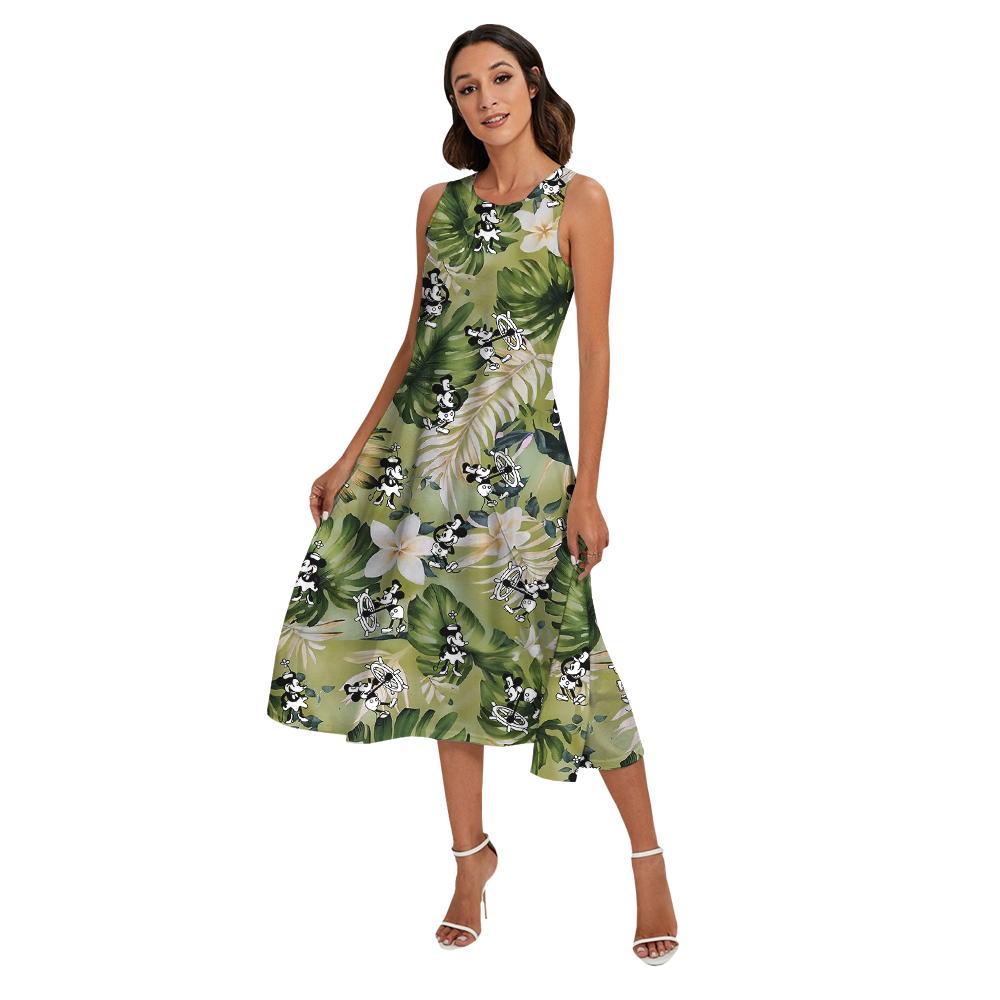 Green Floral Mickey Steamboat Willie Matching Hawaiian Outfits For Family
