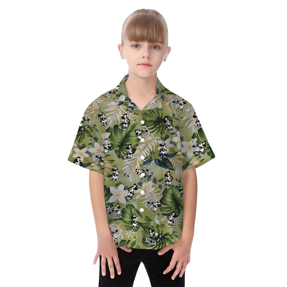 Green Floral Mickey Steamboat Willie Matching Hawaiian Outfits For Family