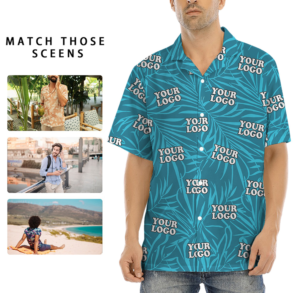 Custom Logo Deep Blue Leaves Hawaiian Shirt