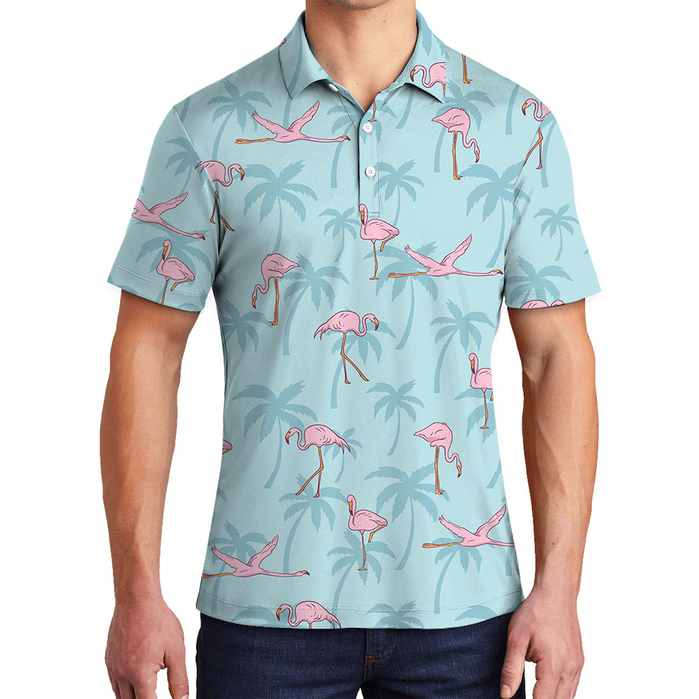 Flying Flamingo Light Blue Hawaiian Polo Shirt for Men - variant image 1