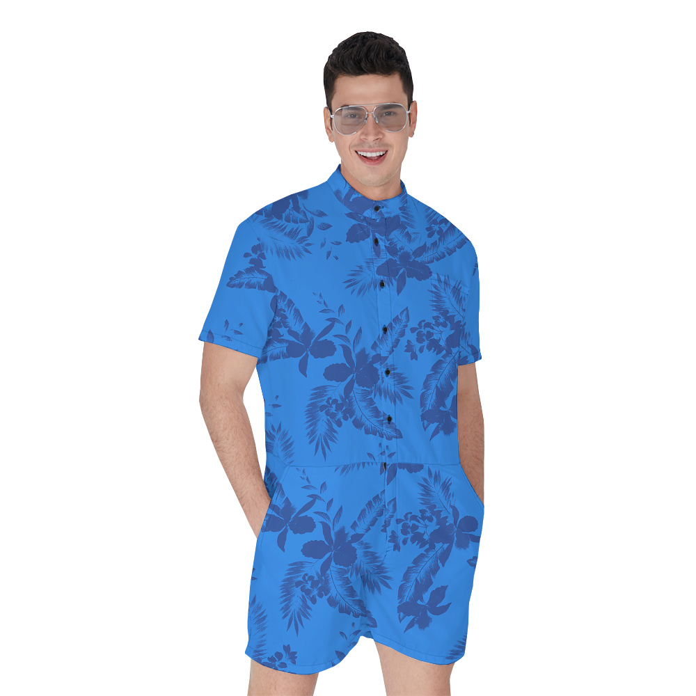 Blue Tropical Flowers Pattern Hawaiian Romper for Men - variant image 1