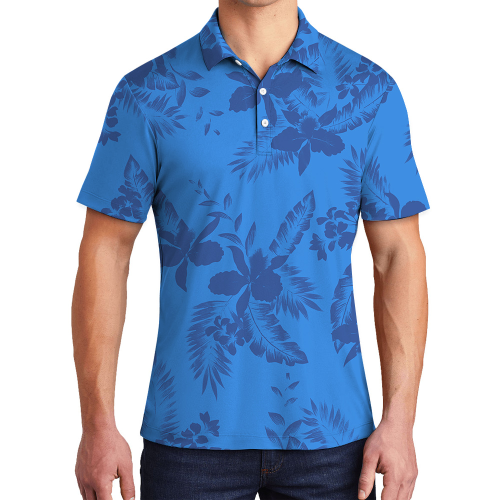 Blue Tropical Flowers Hawaiian Polo Shirt for Men - variant image 1