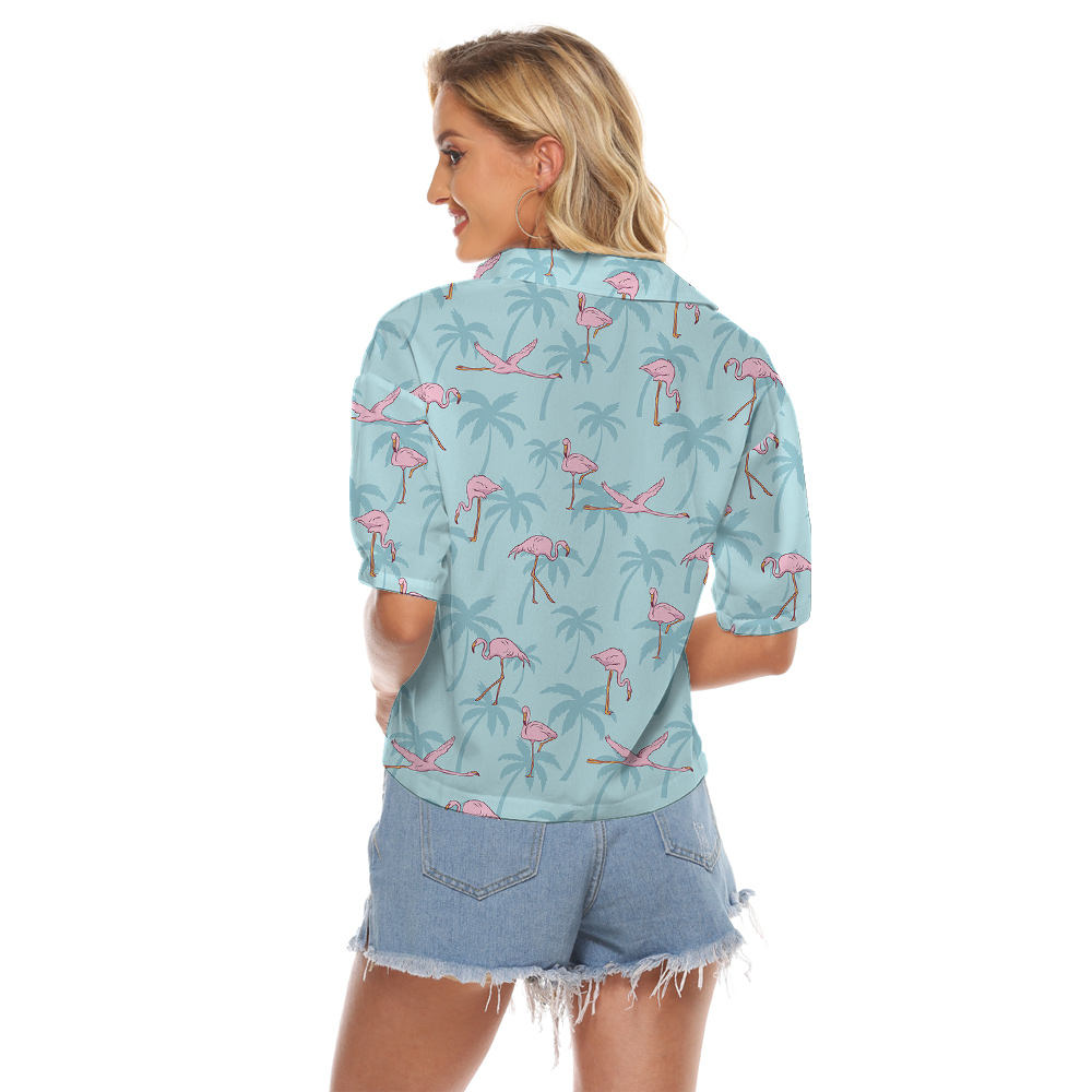 Flying Flamingo Light Blue Hawaiian Cropped Shirt