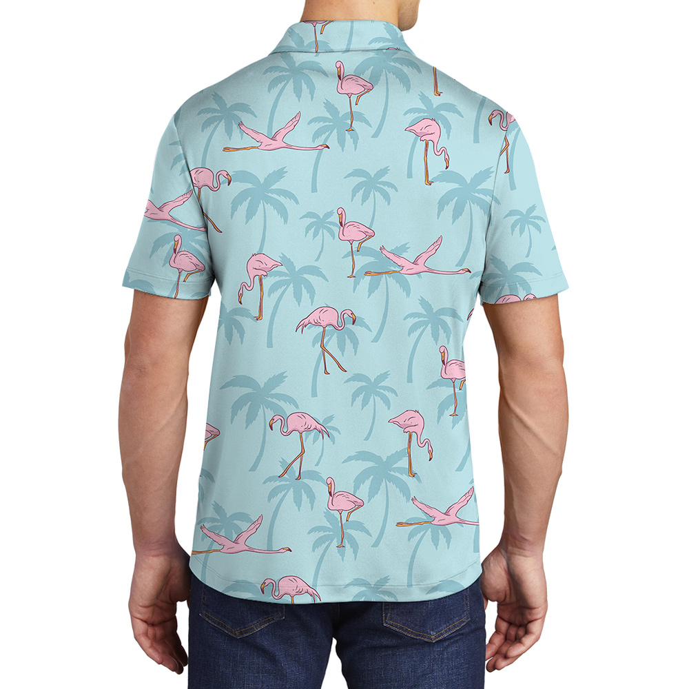 Flying Flamingo Light Blue Hawaiian Polo Shirt for Men