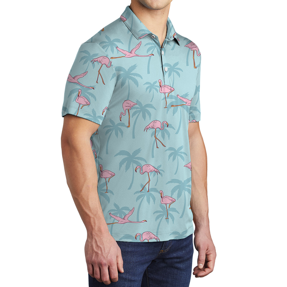 Flying Flamingo Light Blue Hawaiian Polo Shirt for Men