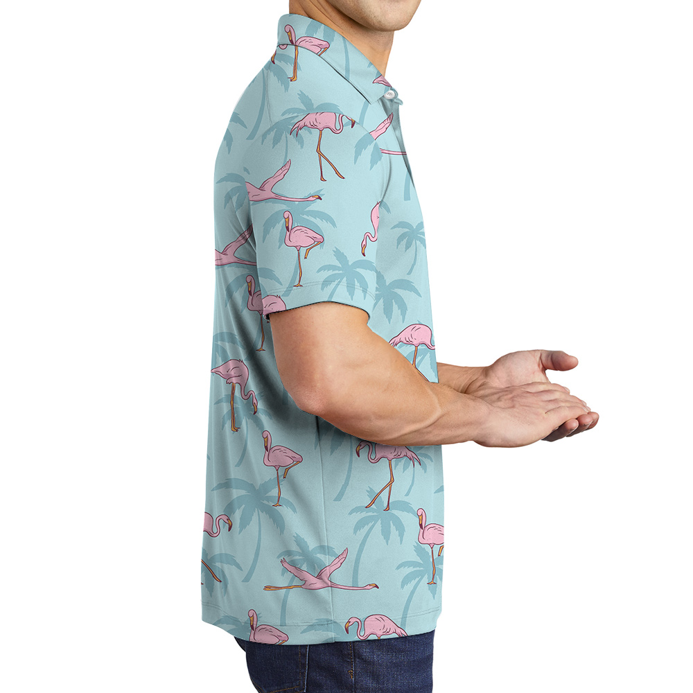 Flying Flamingo Light Blue Hawaiian Polo Shirt for Men