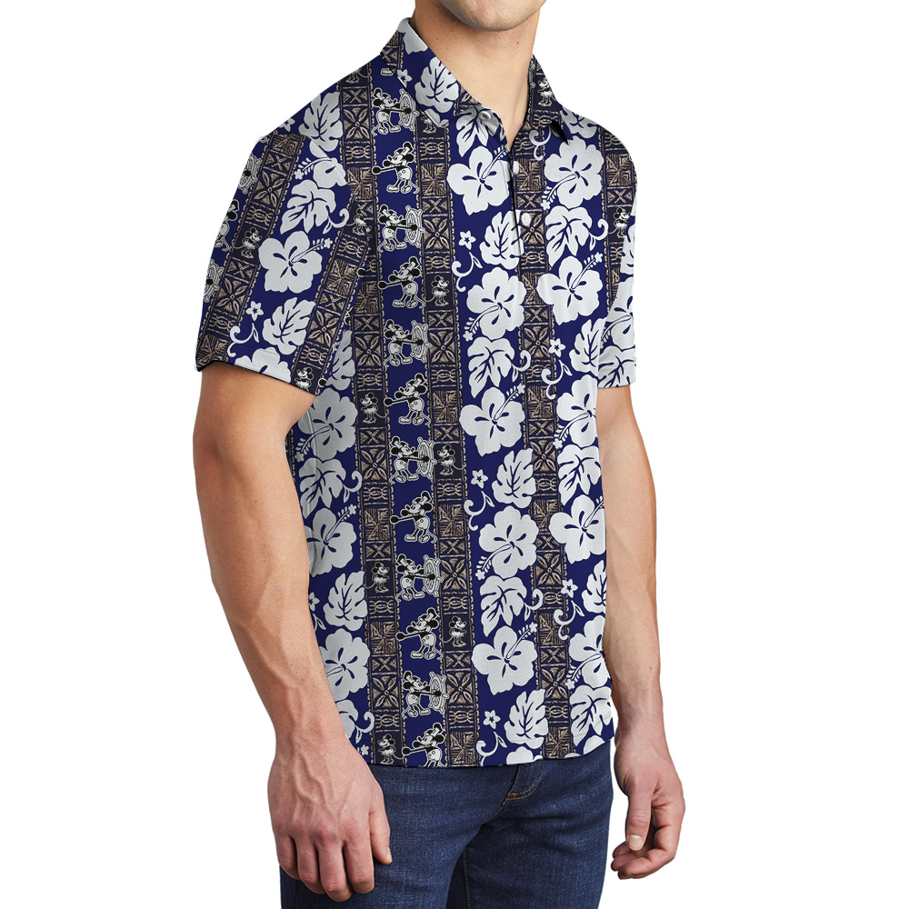 Vintage Mickey 1928 Navy Hawaiian Men Polo Shirt