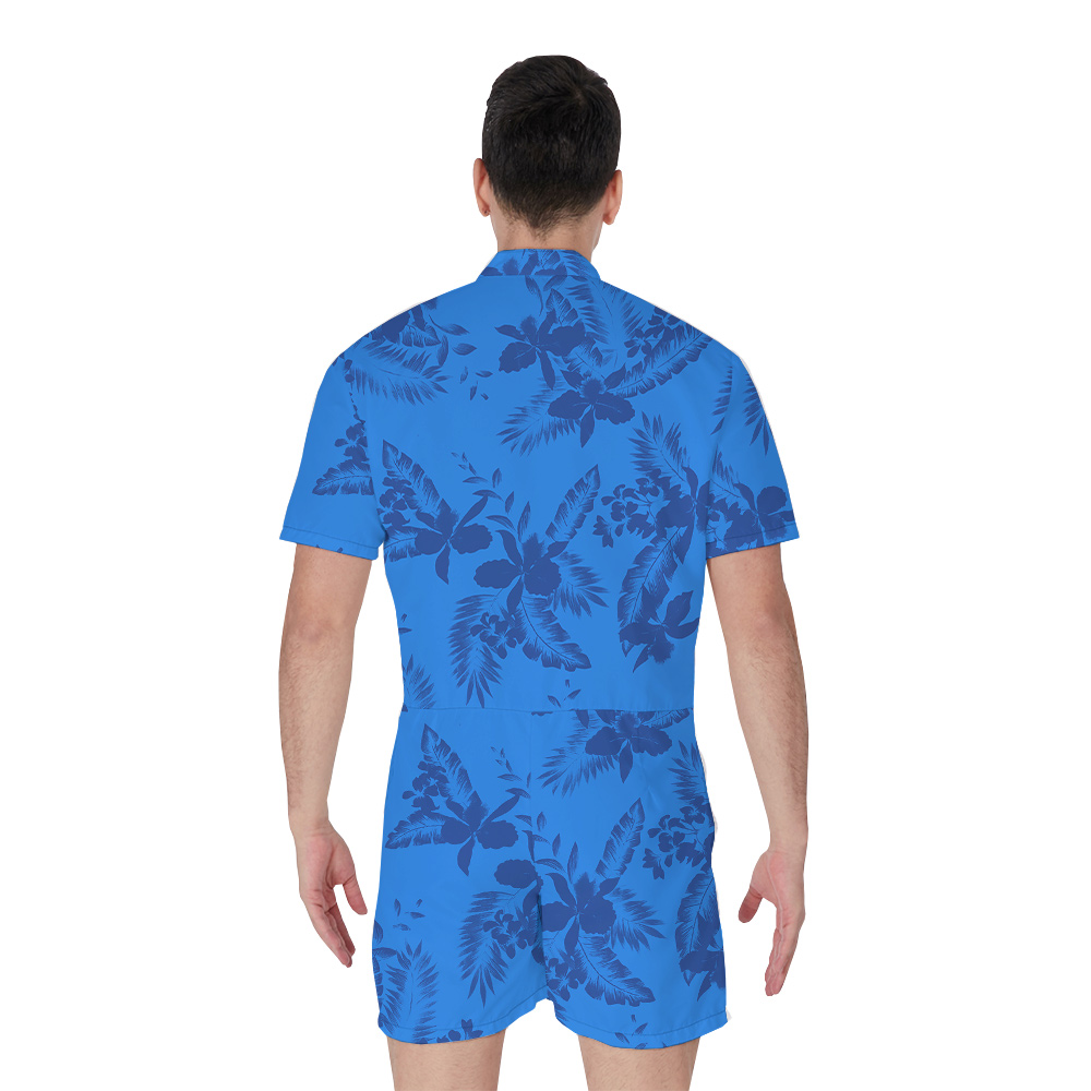 Blue Tropical Flowers Pattern Hawaiian Romper for Men