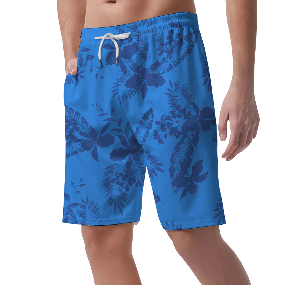 Blue Tropical Flowers Pattern Hawaiian Swim Short for Men