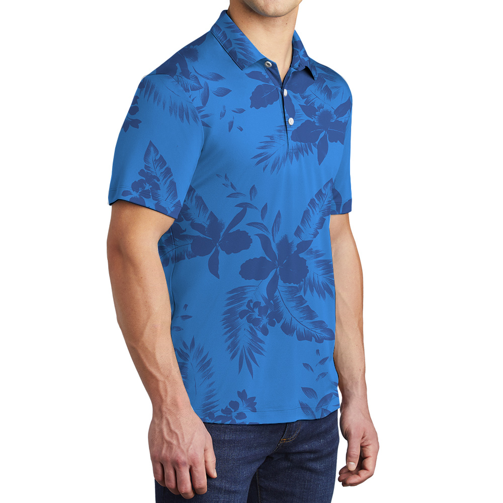 Blue Tropical Flowers Hawaiian Polo Shirt for Men