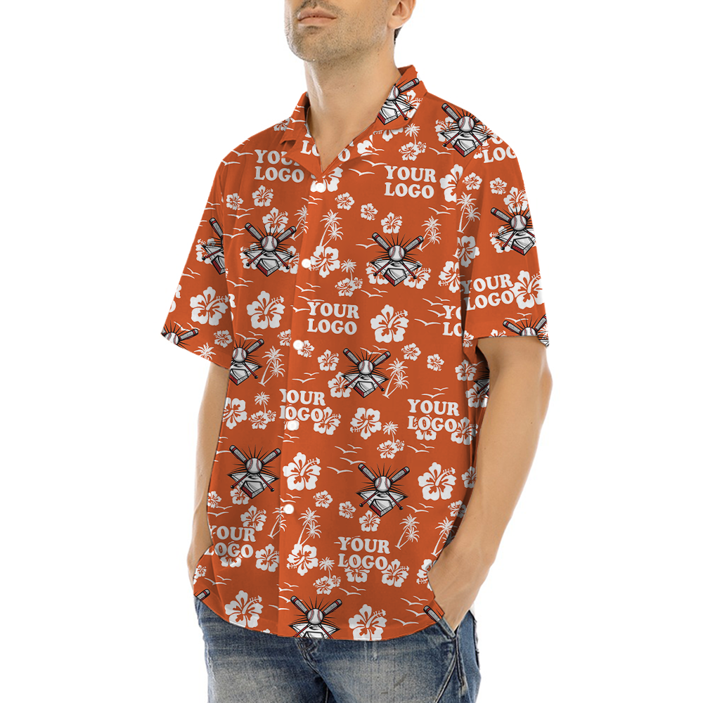 Custom Team Logo Baseball Floral Orange Hawaiian Shirt