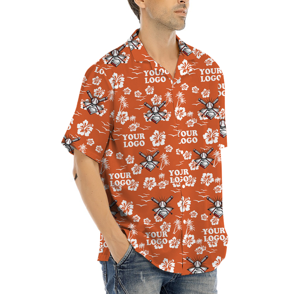 Custom Team Logo Baseball Floral Orange Hawaiian Shirt