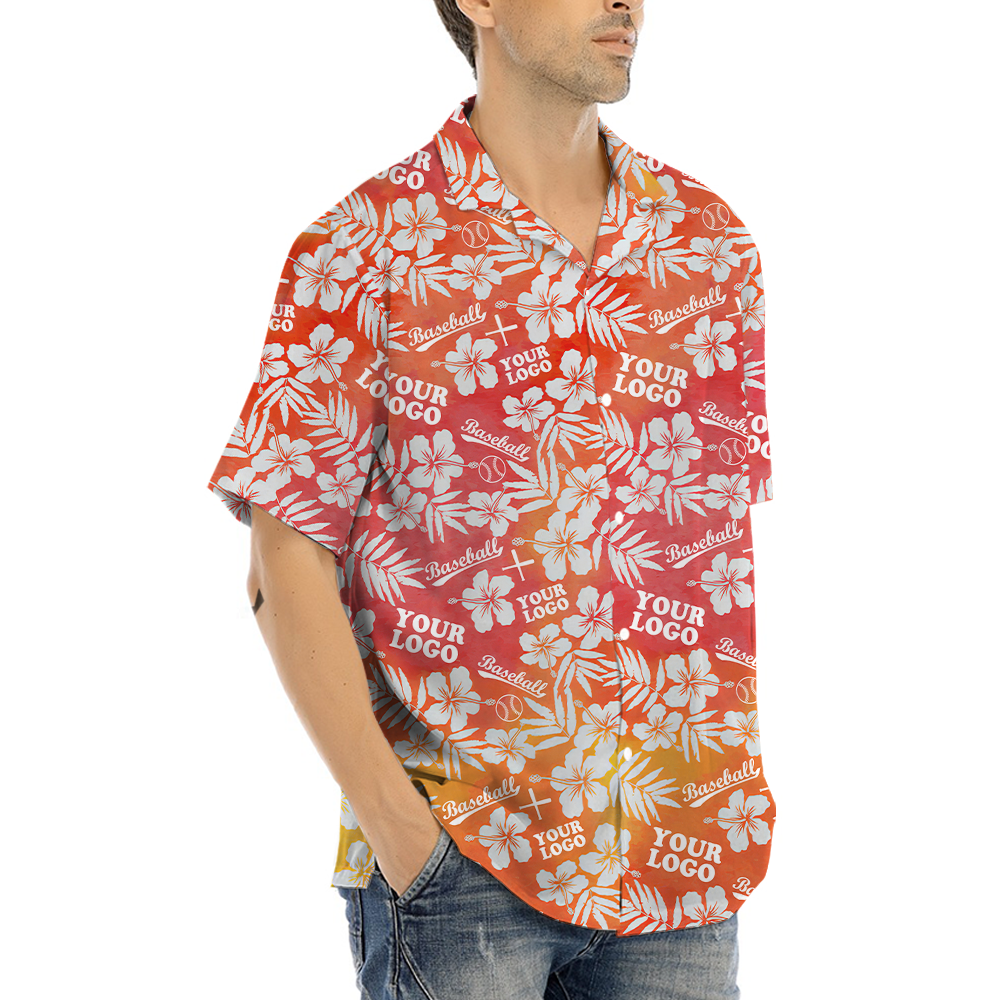 Custom Logo Baseball Hibiscus Orange Hawaiian Shirt
