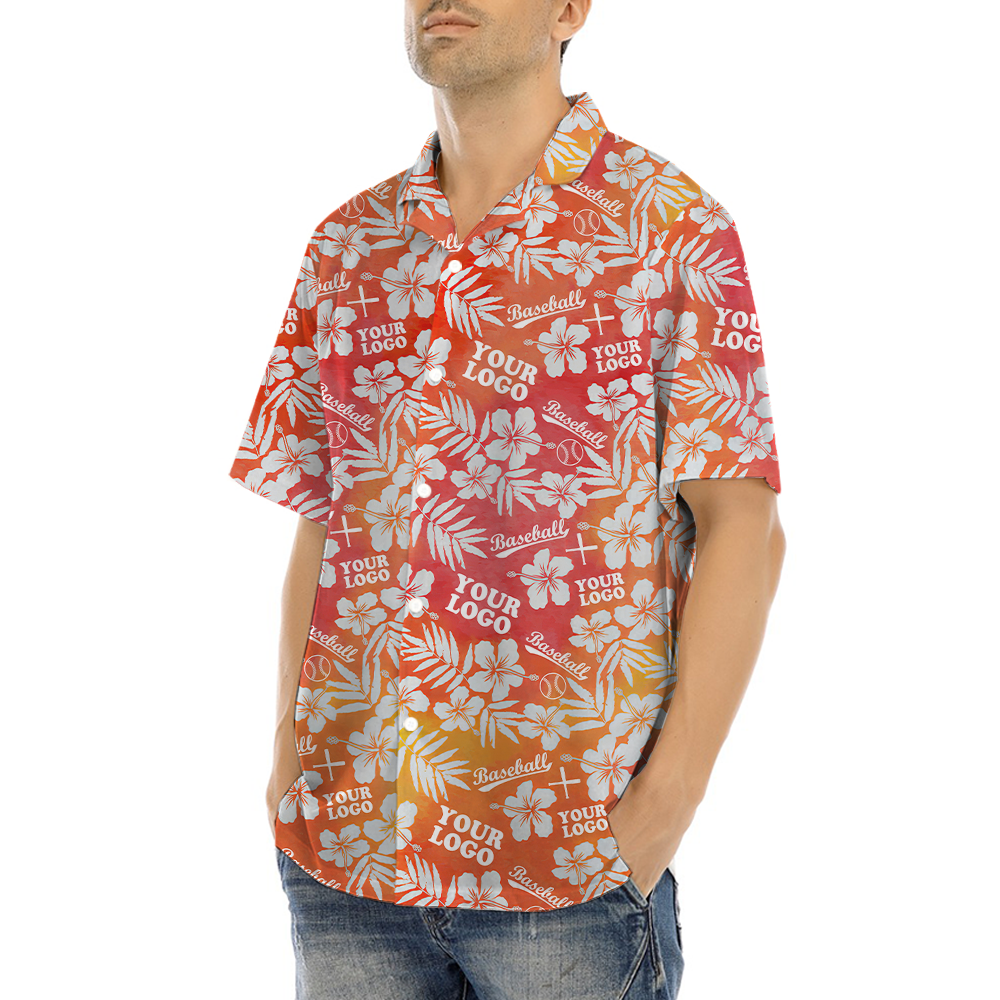 Custom Logo Baseball Hibiscus Orange Hawaiian Shirt
