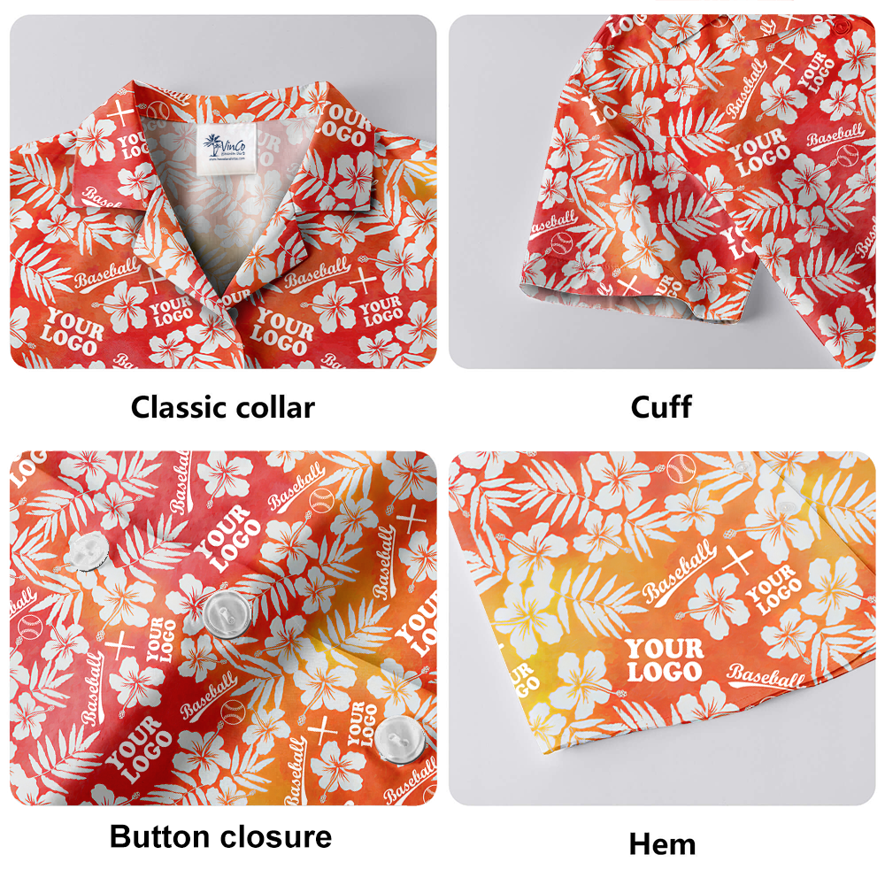 Custom Logo Baseball Hibiscus Orange Hawaiian Shirt