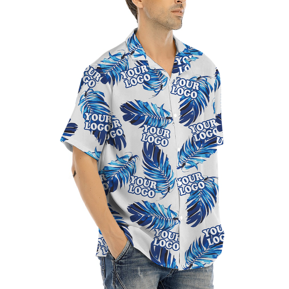 Custom Logo Blue Leave Patterns Hawaiian Shirt