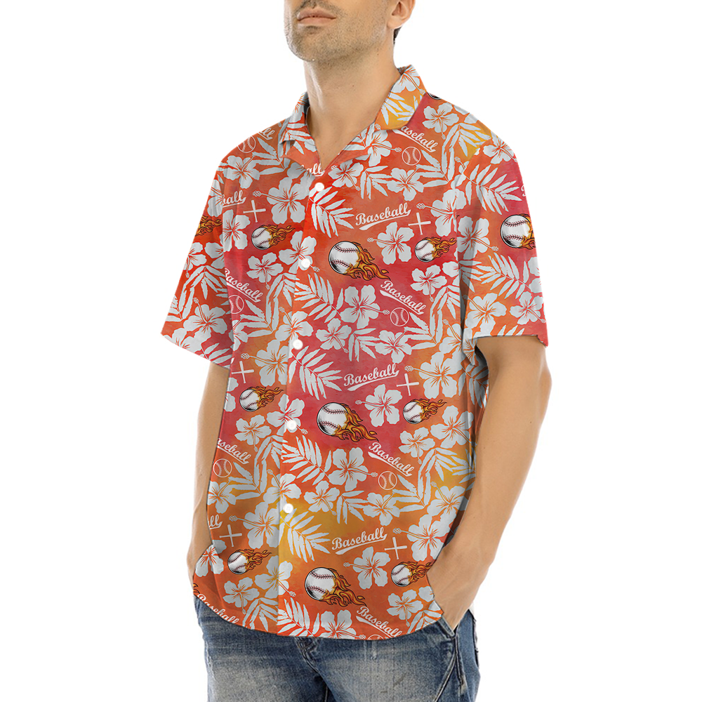 Tropical Hibiscus Baseball Orange Hawaiian Shirt